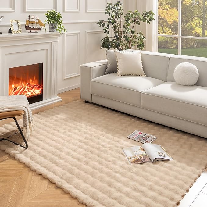 Ashler Faux Rabbit Fur Rug, Beige 6x9 FT Fluffy Soft Runner Area Rugs, Rectangle Fuzzy Carpet for Living Room, Bedroom, Machine Washable - 3D Bubble Mat