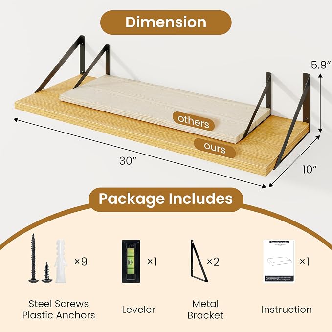 Acovy Deep Floating Shelves for Wall,30" Wx10 D Wood Floating Shelf Set of 2,Sturdy Metal Bracket Wide Display & Storage,Wall Mounted Hanging Floating Shelves for Living Room,Bedroom,Kitchen,Oak