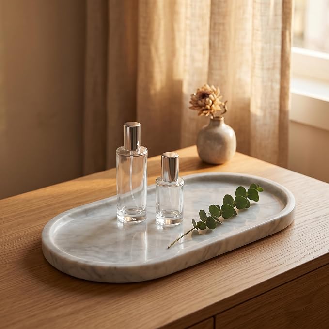 YKAJO Carrara White Gray Oval Marble Tray, 11.8x5.9 Perfume Organizer Dish | Honed natural stone; holds jewelry, rings, keys, candles, trinkets; for dresser, nightstand, bath counter