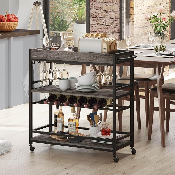 BON AUGURE Bar Cart, Home Bar Serving Cart on Wheels, Mobile 3 Tier Liquor Beverage Carts with Wine Rack and Glass Holder (Grey Oak)