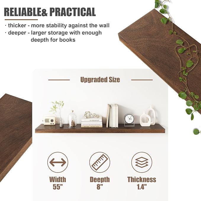 Floating Shelves for Wall, USA-Sourced Walnut Wood 55 Inch Long Wall Shelves, Natural Wooden Wall Mounted Picture Ledge Shelf, Nursery Book Storage Shelf Kids Bookshelf, Display Shelf for Bathroom