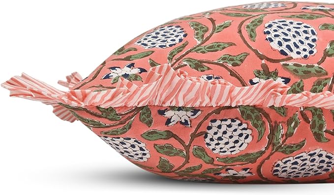 Ridhi Block Print Dark Salmon Pink Throw Pillow Cover 20" x 20" (Pack of 2) Decorative Cushion Covers with Ruffle for Couch, Sofa, Bed, Living Room, Home Decor Gift for Spring, Easter, Valentine