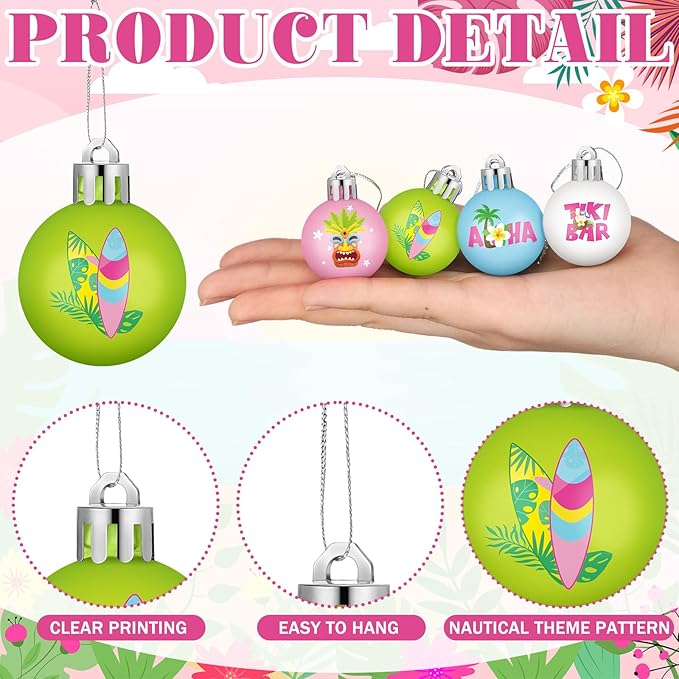 HyDren 40 Pcs Mini Summer Tree Ornaments Tropical Luau Ornaments 1.2 Inch Tiki Bar Mini Tree Decorations Pastel Flamingo Surboard Pineapple Palm Beach Tropical Ball Decorations for Holiday Party