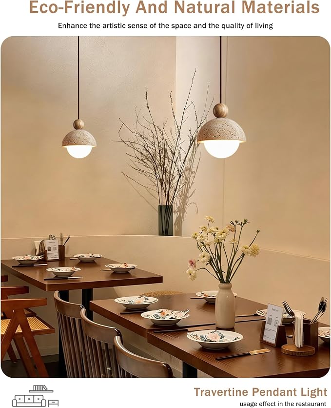 Yellow Travertine Pendant Light Spherical Wabi Sabi Pendant Light Fixture Natural Stone Retro Japanese Style Vintage Mini Wood Nordic Hanging Light for Kitchen Island Bedroom Hallway Bedside (2PCS)