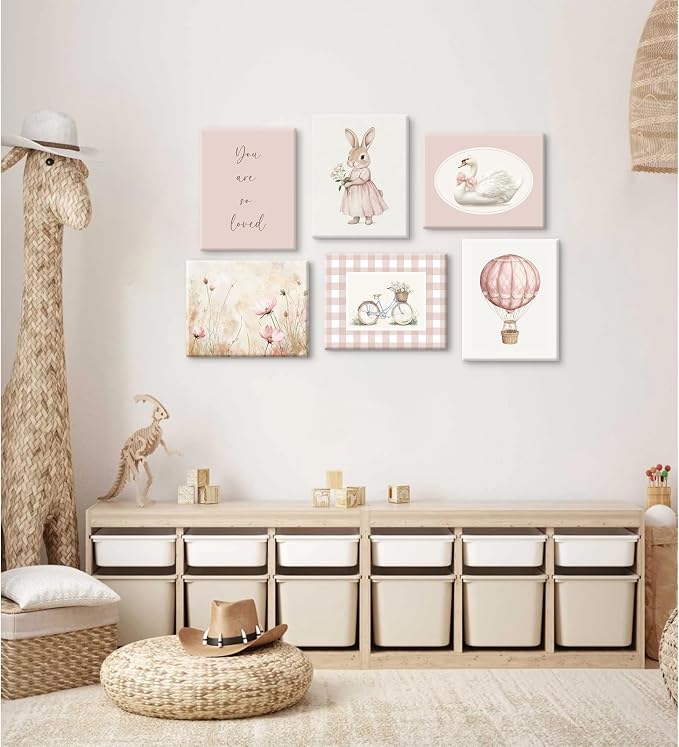 Pink Nursery Wall Art Decor Baby Girl Room Pictures Vintage Nursery Canvas Wall Decor Bunny Prints Floral Swan Poster Cute Rabbit Painting Artwork for Toddler Girls Bedroom 8x10x6 Inch Wrapped Canvas