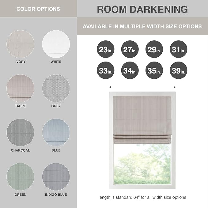 Madison Park Galen Cordless Roman Shade, 31"W x 64"H, Sheen Taupe – Room Darkening, Thermal Insulated, Energy Efficient Window Blind with Subtle Sheen Basketweave Fabric for Privacy