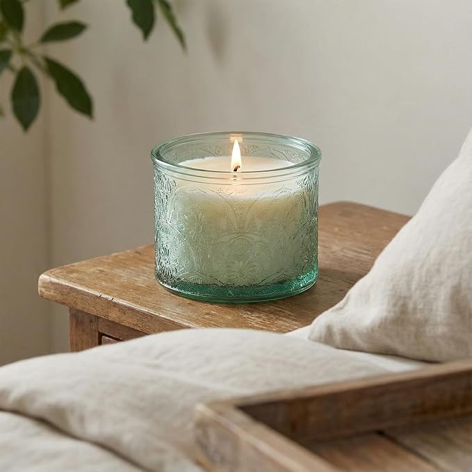 10 oz Green Mandala Glass Candle Jars with Bamboo Lids, 9 Pack | Patented Embossed Design, Includes Wick Centering Devices & Warning Labels, Multiple Color Options