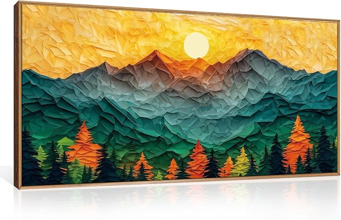 Abstract Boho Mountain Framed Canvas Wall Art Set,Golden Teal Pine Tree Sunset Wall Decor,Papercraft Sun Forest Landscape Art Print for Living Room,Bedroom,Dining Room,Office20 x40