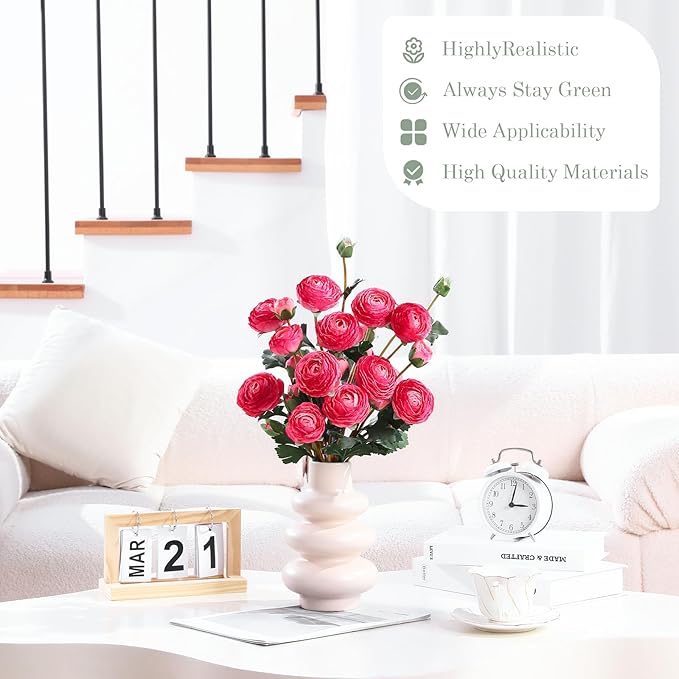 6Pcs Realistic Silk Pink Ranunculus Artificial Flowers Long Stems, 23.6" Tall Fake Flowers Faux Flowers Suit for Year-Round Home Decoration, Wedding, Bridal Bouquets, Office