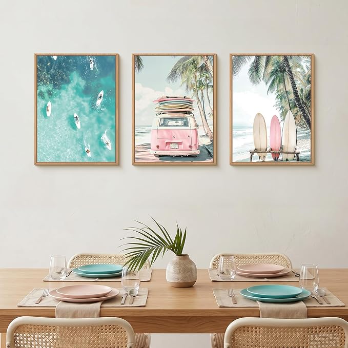 HOURIA Summer Surfboard Beach Framed Canvas Wall Art Set,Modern Ocean Surfing Seascape Wall Decor,Coastal Bus Coconut Tree Wall Painting,Nature Botanical Art Prints for Living Room, Bedroom-12 x16 x3
