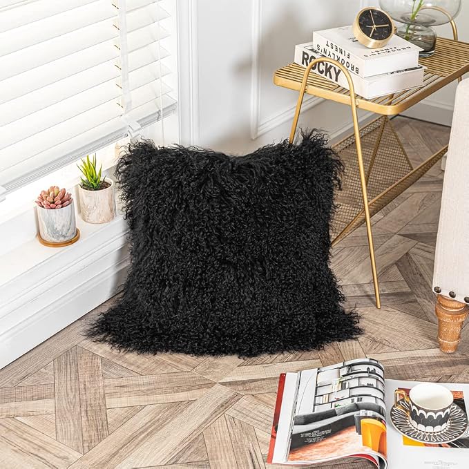 Mongolian Lamb Fur Throw Pillow Cover (16'' x 16'', Black), Real Sheep Fur Decorative Cushion Cover Case Home Decorative Square Throw Pillow Cover Plain Wool Pillow Protector