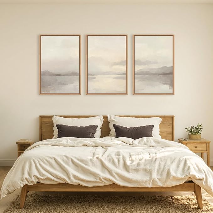 LHIUEM Large Abstract Neutral Beige Pastel Framed Canvas Wall Art,Modern Watercolor Lakes Wall Decor,Nature Mountain Minimalist Artwork for Living Room,Bedroom,Dining Room,Office -16"x24"x3