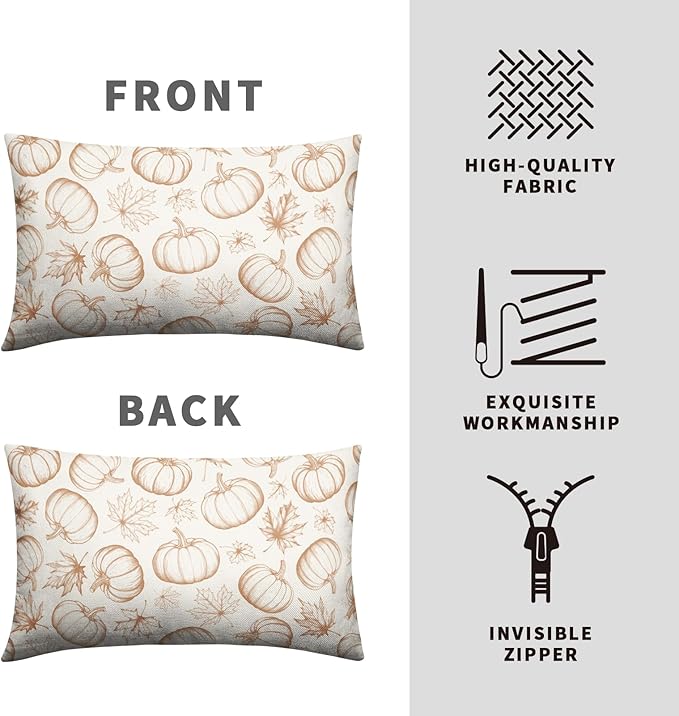 Fall Pumpkin Lumbar Pillow Covers 12x20 Set of 2 Burnt Orange Cream Maple Leaves Throw Pillow Covers Autumn Pillowcase Rectangular Cushion Case for Home Decor Outdoor Sofa