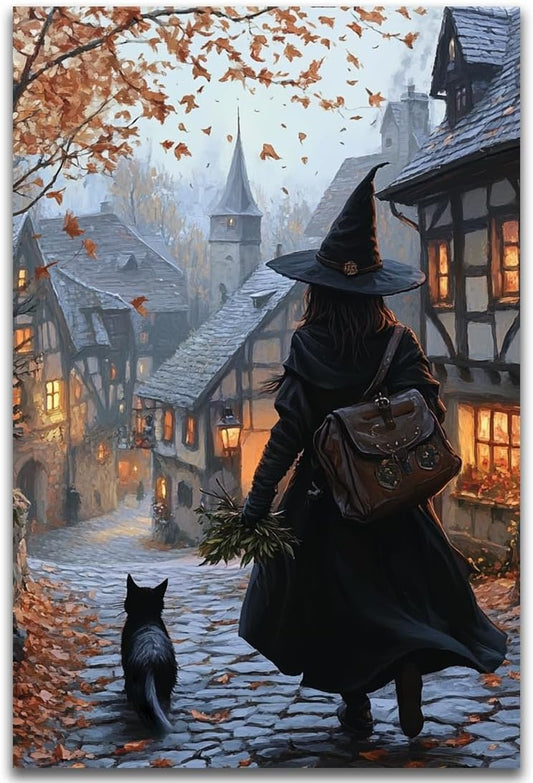 Autumn Witch And Black Cat Picture Wall Decor,Halloween Canvas Vintage Rustic Wall Art,Preppy Bedroom Living Room Bathroom Poster Print,20"x30" Unframed