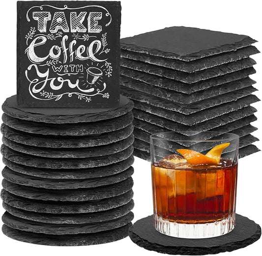24 Pieces Slate Coasters, Diameter Size 4 inch Black Coasters Stone Coaster Set, Perfect for use in Your Home, Office, Kitchen,bar,Christmas or Anywhere.（12 Square Pieces+12 Round Pieces）