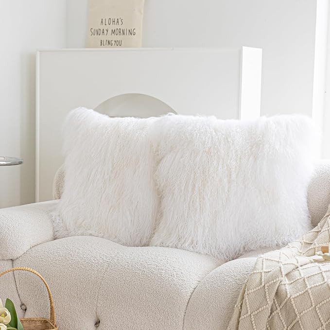 Real 100% Tibetan Mongolian Lamb Sheepskin Wool Fur Throw Pillow Covers, White 18x18 Inch Set of 2, Super Soft Plush Leather Accent Pillowcases Decorative Cushion Cover for Living Room