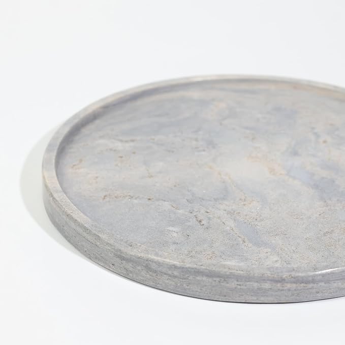 Natural Marble Vanity Tray, Round, 8.3 Inch, with Anti-Slip Pads, for Bathroom, Jewelry, Perfume Display, Coffee Table Decor (Blue with Gold)