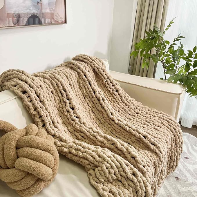 Soft Chunky Knit Throw Blanket for Couch, Cozy Warm Knitted Blankets | Hand Knit with Jumbo Chenille, Lightweight Warm Fluffy Decor for Women, Mom, Her & Girls, Sofa, Chair, Bed, 40"x60" (Tan)