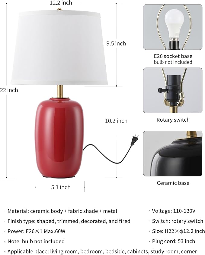 PUSU 22 Inch Red Ceramic Table Lamps Set of 2, Fabric Lampshade Living Room Office Desk lamp, E26 Socket Rotary Switch Lighting for Bedroom, Nightstand, Reading, Office, Study, Corner, Home Decor