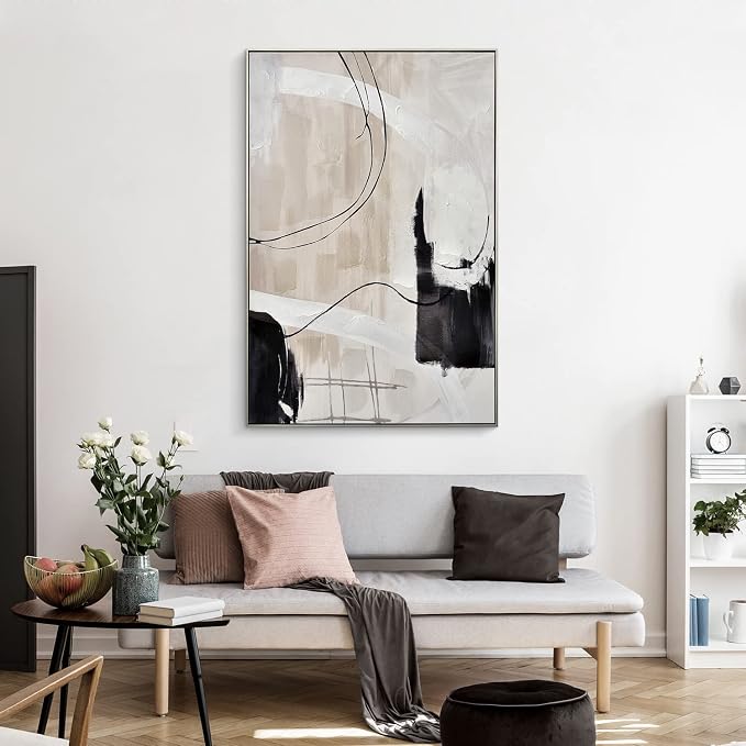 Creoate Framed Wall Art, Abstract Hand Painted Painting Textured Canvas Print Artwork Neutral Wall Art for Bedroom, Living Room Wall Decor, Ready to Hang, 27.5x41.5 Inch