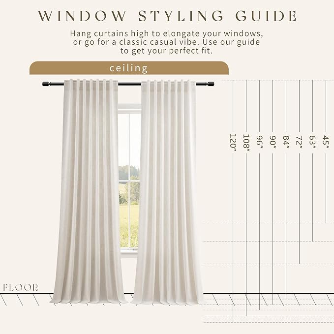 Jowels Natural Linen Curtains 96 Inches Long for Living Room Bedroom, 2 Panel Set, Cream Thick Textured Light Filtering Sheer Curtains, Back Tab Rod Pocket Modern Farmhouse Privacy Drapes