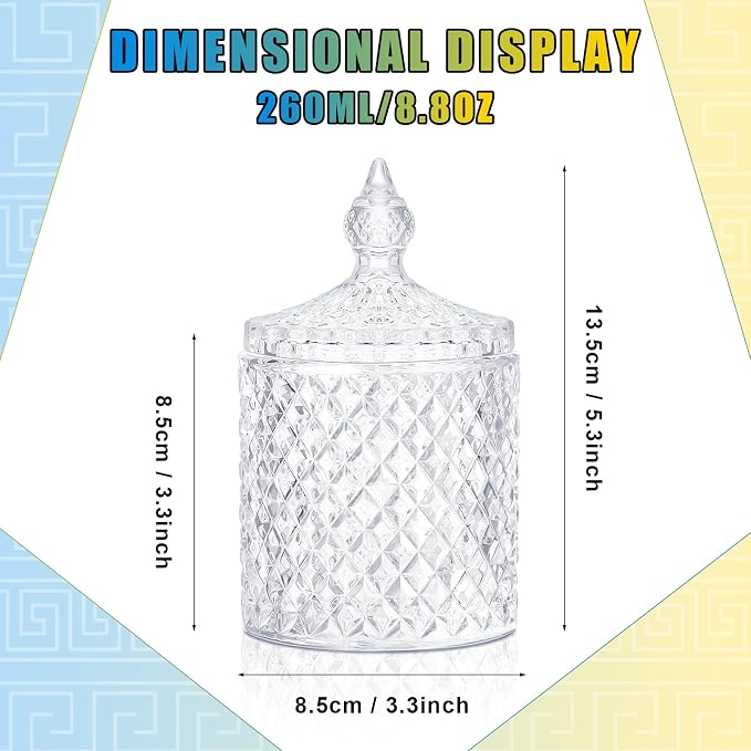 Aoriher 4 Pcs Crystal Glass Candy Jar Set with Lids Home Decorative Storage Jars for Apothecary, Bathroom, Kitchen, and Pantry, Ideal for Cotton Swabs and Jewelry(Medium,Clear)