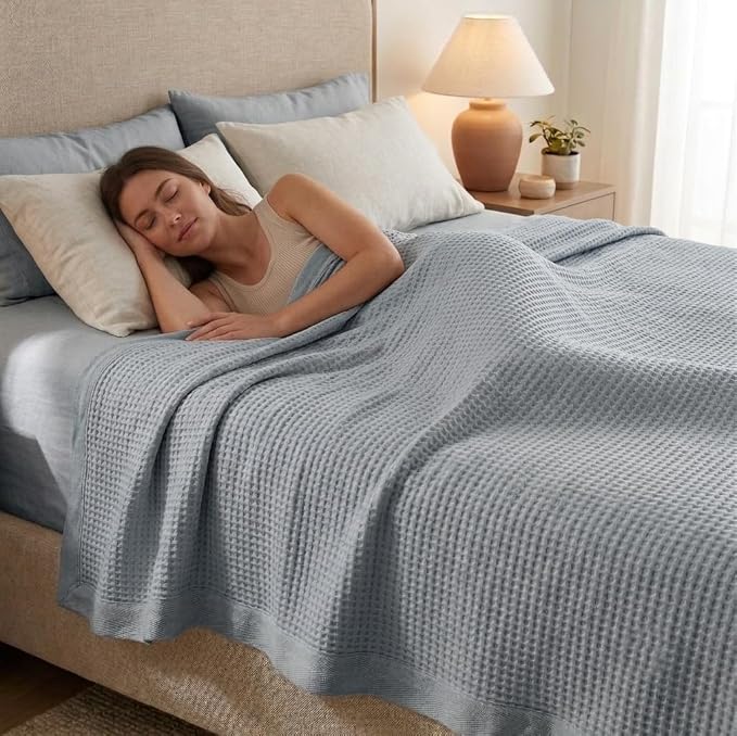 TreeWool Premium 100% Cotton Waffle Queen Blanket (90"x90", Silver Gray) | Breathable Lightweight Moisture Wicking Soft Knit Thermal Blanket for Summer, Bed or Sofa All-season Comfort Machine Washable