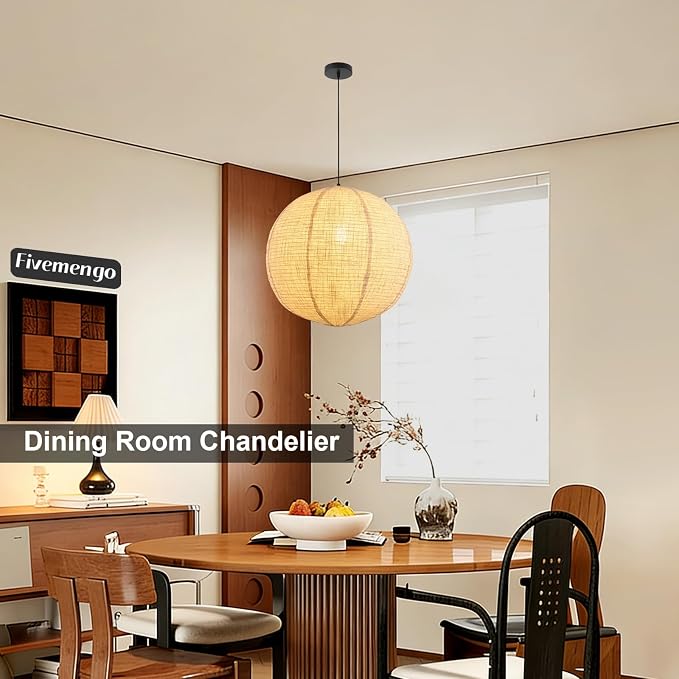 Linen Pendant Light Kit with Cord and Ceiling Canopy, 20in Off-White Round Japanese Japandi Wabi Sabi Lantern Hanging Lamp Chandelier for Living Dining Room Bedroom Rented Apartment 1 Pack