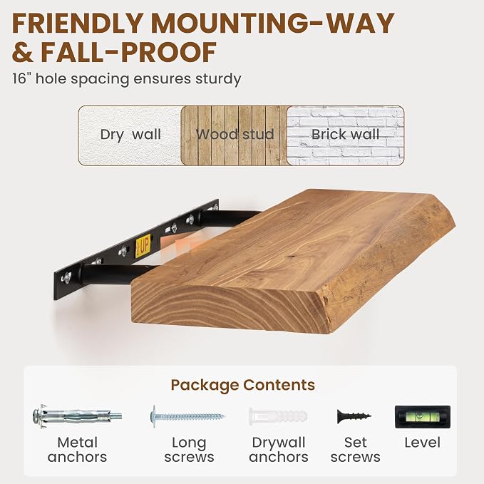 Rustic Elm Wood Floating Shelves 48 Inch, Wall Mounted Live Edge Floating Shelf for Bathroom Living Room Kitchen, Long Wooden Wall Shelves with Heavy-Duty Bracket for Books Decor Storage, Natural