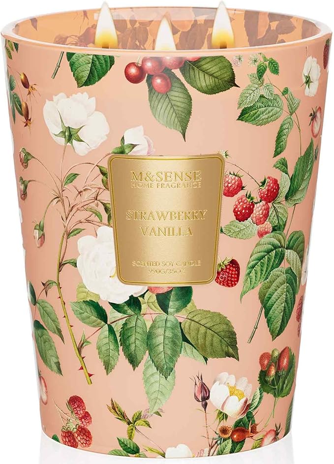M&SENSE Strawberry Vanilla Soy Candle, 35oz 3-Wick, Sweet Love for Her | 150H Slow Burn, Non-Toxic, Large Jar, Bedroom Date Night, Romance, Stress Relief, Relaxation, Fancy Gifts for Women