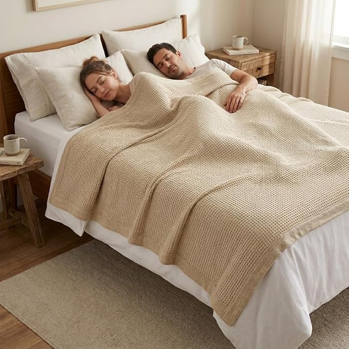 TreeWool Premium 100% Cotton Waffle Summer King Blanket (90"x108", Beige) | 420 GSM Breathable Lightweight Moisture Wicking Soft Knit Thermal Blanket for Bed or Sofa All-season Comfort Machine Washable