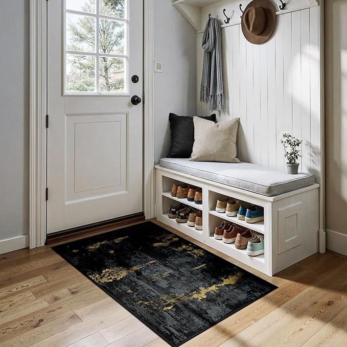 RELEANY Washable Area Rugs 2'x4' Non-Slip Modern Abstract Soft for Living Room Entryway Bedroom Nursery, Print Pattern, Dark Black Gold