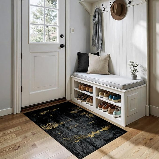 RELEANY Washable Area Rugs 2'x4' Non-Slip Modern Abstract Soft for Living Room Entryway Bedroom Nursery, Print Pattern, Dark Black Gold