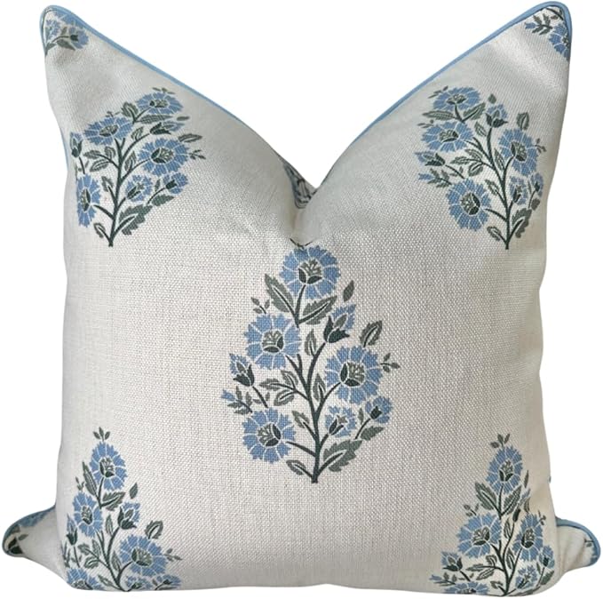 Jillien Harbor “The Camille” Floral Block Print Pillow Cover – Soft Blue and White Decorative Throw Pillow Cover – Grandmillennial Home Decor, 20" x 20"