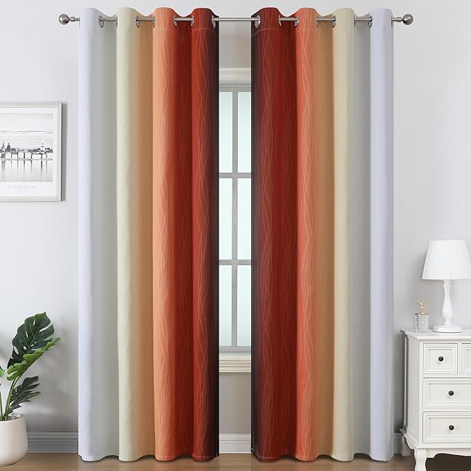 Estelar Textiler Burnt Orange and Greyish White Ombre Blackout Curtains 84 Inch Long for Living Room, Energy Saving Thermal Insulated Room Darkening Grommet Window Drapes for Bedroom,52Wx84L,2 Panels