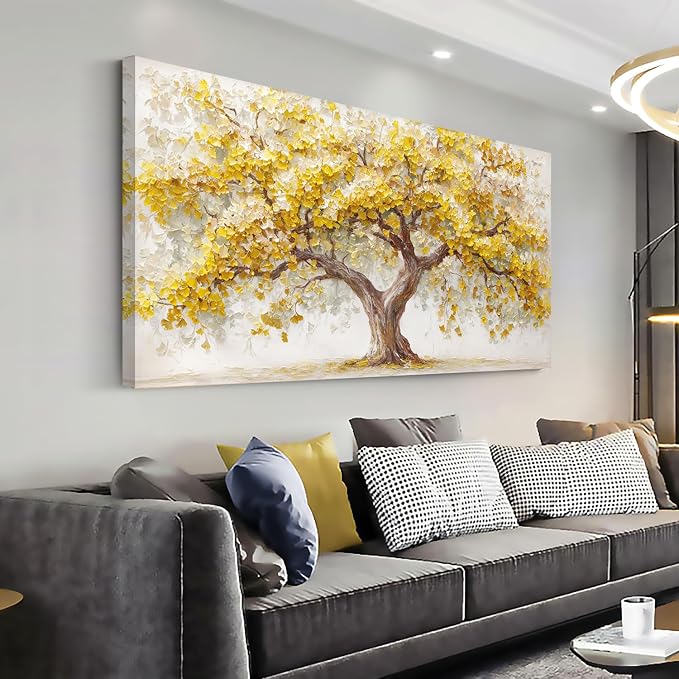 Ggaafet Yellow Ginkgo Tree Wall Art for Living Room Canvas Oil Painting Prints Beautiful Tree of Life Art Deco Modern Artwork Office Bedroom Family Dining Room Decor Extra Large