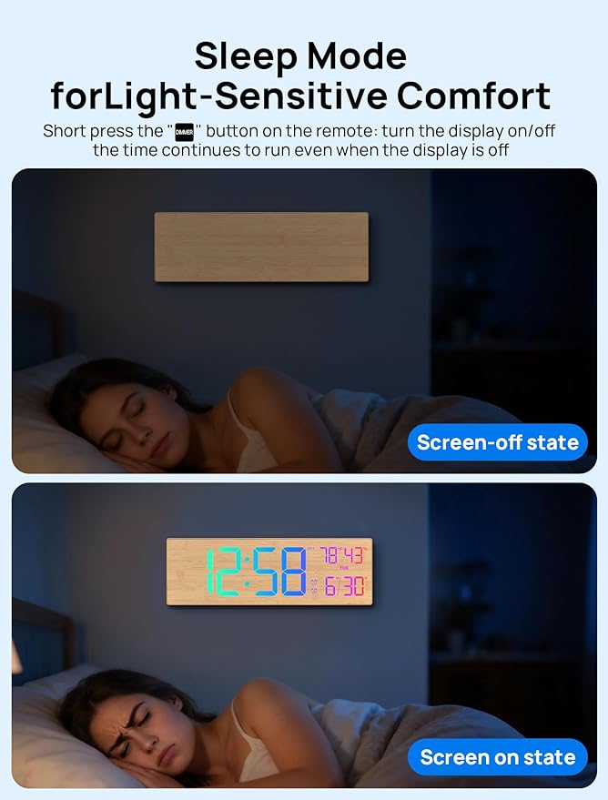 2026 Upgrade 18.5" Large Digital Wall Clock with Remote Control, Big LED Display Digital Clocks with Night Light, Alarm, Countdown, DST, Temp for Parlor, Bedroom, Office, Gifts for Seniors(Light Wood)