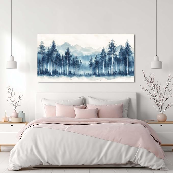 Ggaafet Watercolor Blue Forest Wall Art for Living Room Canvas Painting Prints Beautiful Mountain Woods Landscape Art Deco Nature Artwork Office Bedroom Family Dining Room Decor Extra Large
