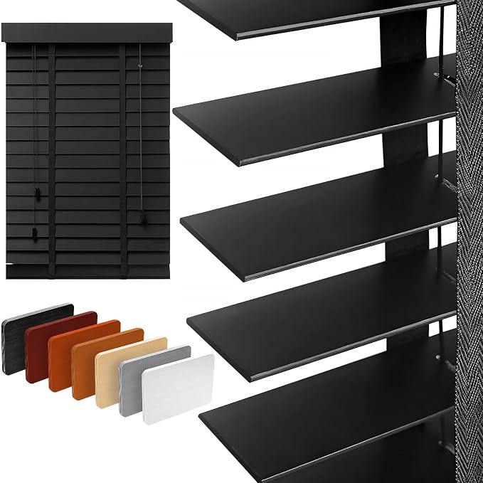2" Slats Wood Blinds for Indoor Windows: Solid Wooden Blackout Blinds & Shades,Black Out Privacy Horizontal Blinds for Home Bedroom Bathroom Living Room Windows and Doors Black