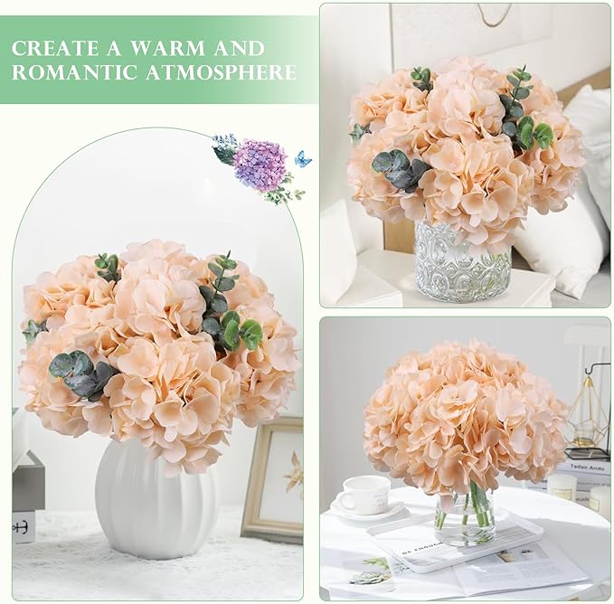 AVIVIHO 10pcs Fake Flowers Champagne Hydrangea Artificial Flowers Bulk (Not Squished, No Steaming Need) Silk Flowers with Stems for Wedding Decor,Home,Baby Shower,Table Centerpieces Decoration