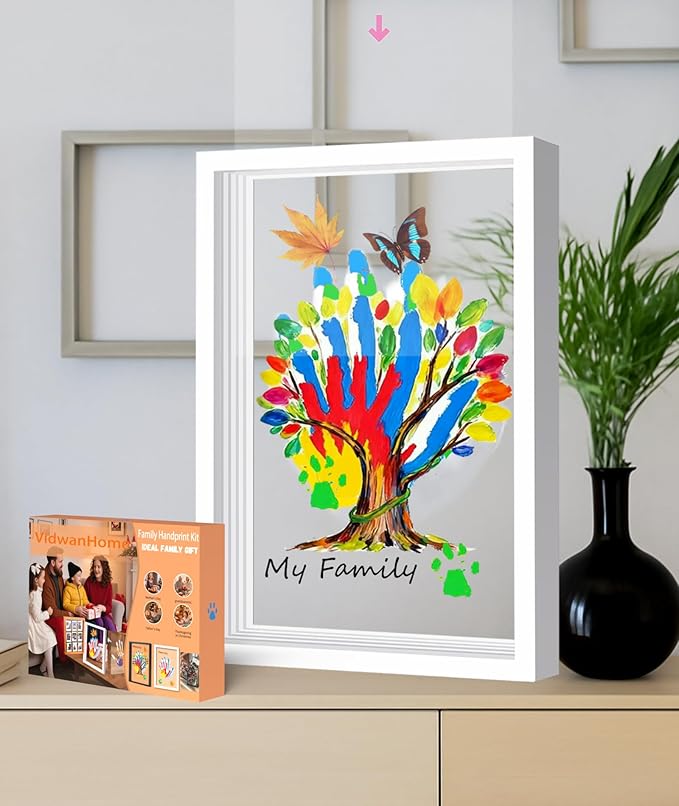 VidwanHome Family Handprint & Hand Casting Kit – DIY Keepsake Frame, Wooden Frame & 5 Acrylic Sheets – Capture Baby Footprints or Family Prints –Christmas Gift for Grandparents & New Parents (White)
