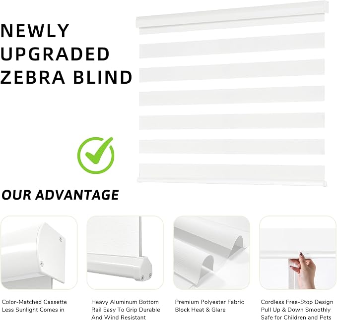ChrisDowa Cordless Zebra Blinds for Windows, Dual Layer Free-Stop Light Filtering Window Roller Shades, Pull Down Privacy Zebra Shades for Home, Office, Bedroom, Door (47" W x 72" H, White)