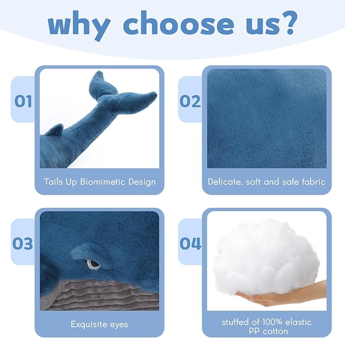 MaoGoLan 43 inch Stuffed Whale Big Plush Pillow Blue Whale 4ft Humpback Toy for Kids Girls Pregnant Women Adults, Ocean Sealife Lovers Gifts for Valentine's Day Christmas Birthday
