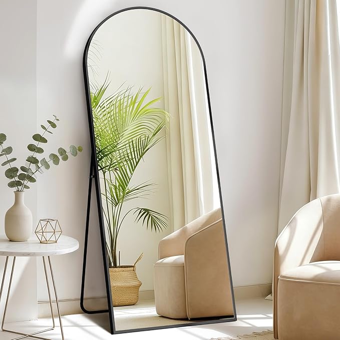 DUMOS 63"x20" Arched Full Length Mirror with Stand Floor Free Standing Aluminum Frame for Bedroom Body Hanging Leaning Modern Simple Home Decor Shatter-proorf Nano Glass Wall, Black-Rounded