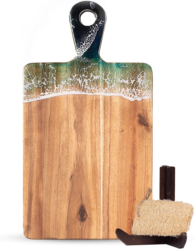 Acacia Wood Serving Board with Handle, 18.1" x 9.8", Dual-Sided Resin Art Tray for Display & Prep, Handcrafted Cutting Board, Includes Stand & Loofah, Christmas Housewarming Gift (Rectangular)