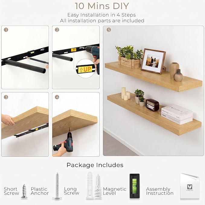 Vivelove Wall Floating Shelves for Display with Invisible Brackets, 36 Inch Floating Shelves for Bedroom Bathroom Living Room Kitchen Office, 36”X 8" X 1.4", Set of 2 - Oak