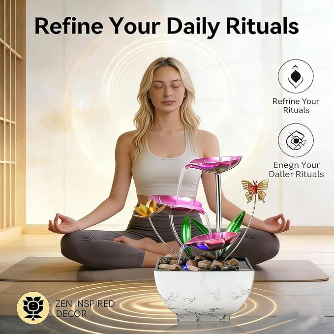 11‘’ H Pink Tabletop Water Fountain, Zen Desktop Waterfall, Indoor Lotus Desktop Decorative Fountain, Home Bathroom Bedroom Decor.