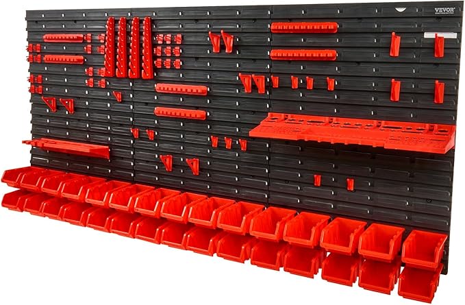 VEVOR Wall Mounted Storage Rack System, 30-Bin Parts Rack Organizer with Wall Panels/Tool Holders/Hooks, Garage Plastic Shop Tool Organizer for Nuts, Bolts, Screws, Nails, Beads, Buttons