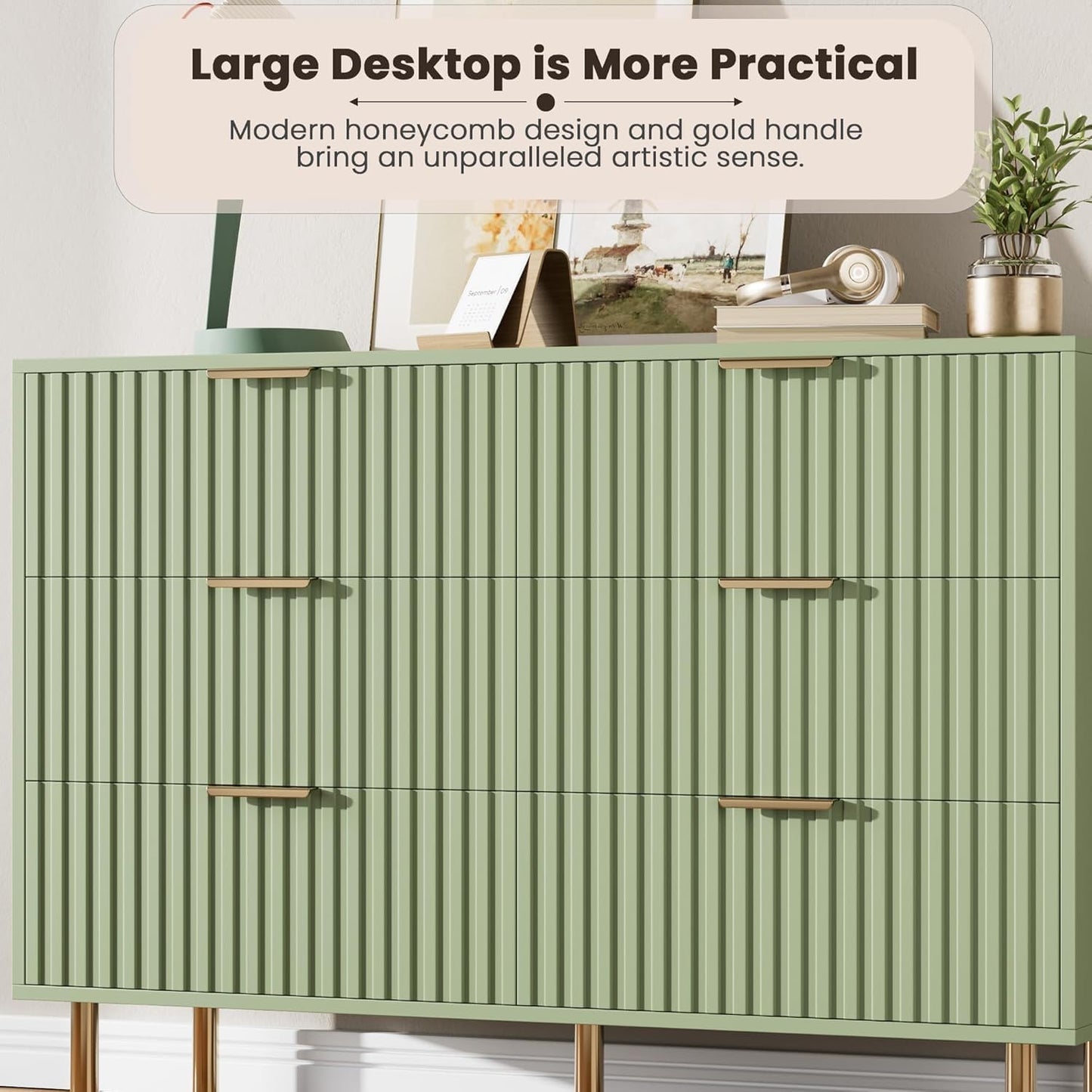 Green 6 Drawer Dresser for Bedroom, Fluted 47.2" Wide Modern Chest of Drawers with Deep Drawers, Long Large Double Dresser TV Stand for Living Room, Hallway, Kids Room
