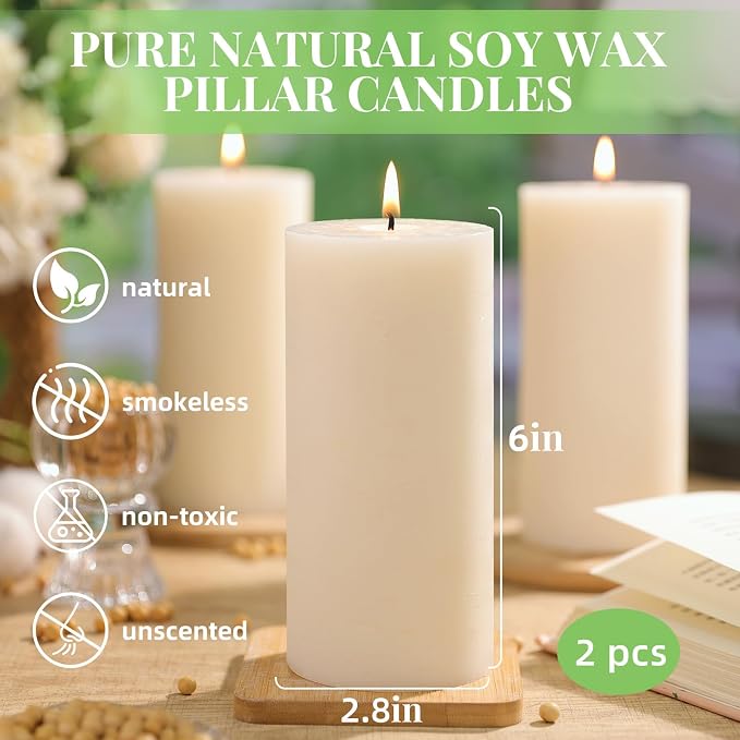 6 Pack Natural Ivory Soy Pillar Candles, 2.8x6 in Hand-Poured Unscented Soy Wax Candles, 540 H Burn Time, Non-Toxic, Smokeless Dripless Rustic Pillar Candle for Dinner, Wedding, Home, Bathroom